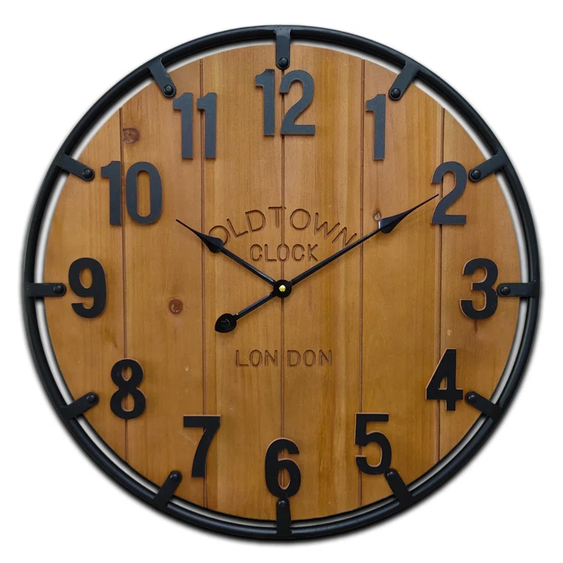 Rustic Wooden Wall Clock With Iron Frame (White, 24 Inch)