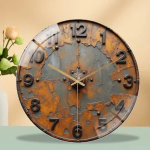 Vintage Industrial Wall Clock with Rusty Finish Art - 12'' Modern Glass Wall Clock